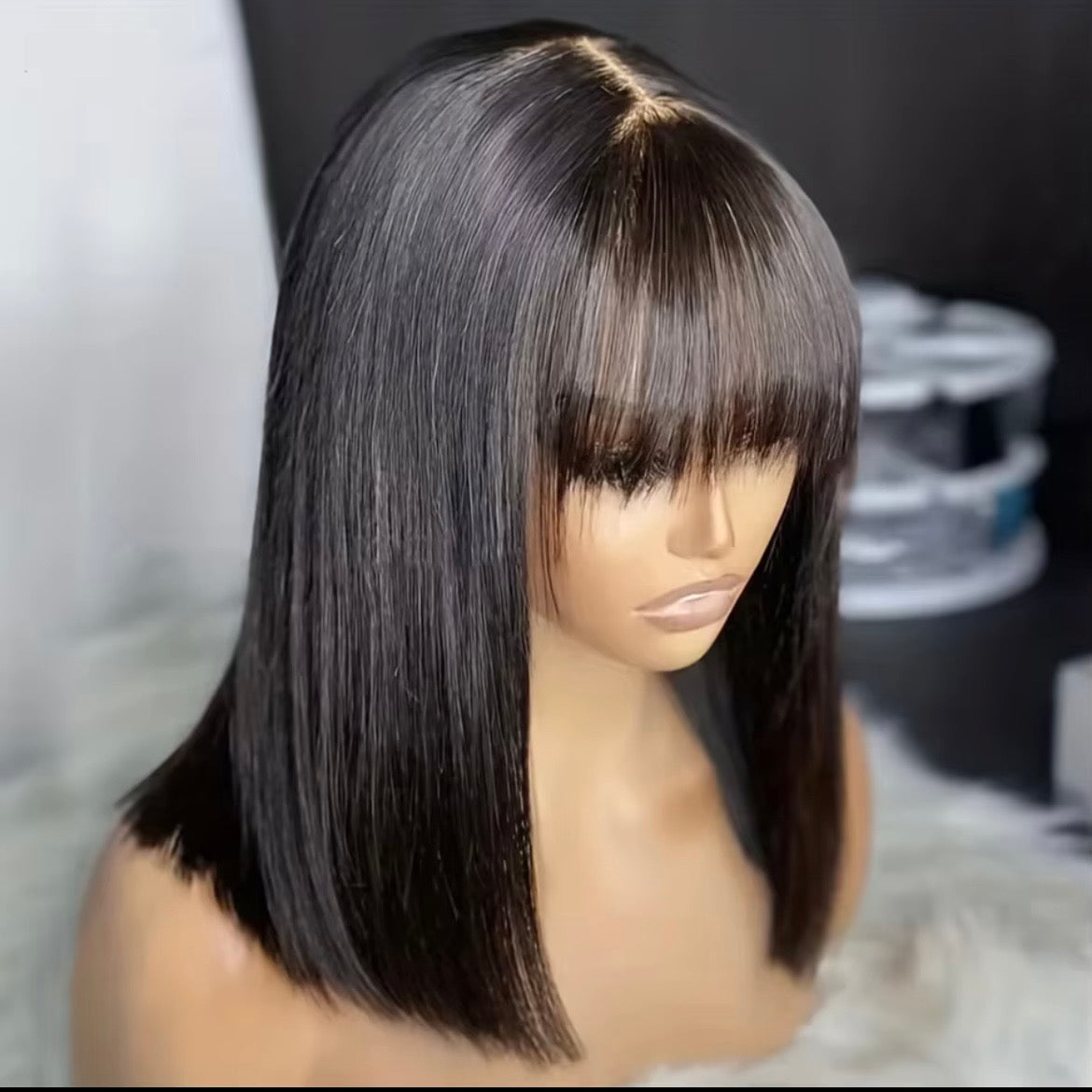 Bob Liso Castanho Escuro com Franja - 14,Cabelo Humano HD