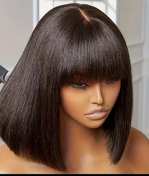 Bob Liso Castanho Escuro com Franja - 14,Cabelo Humano HD